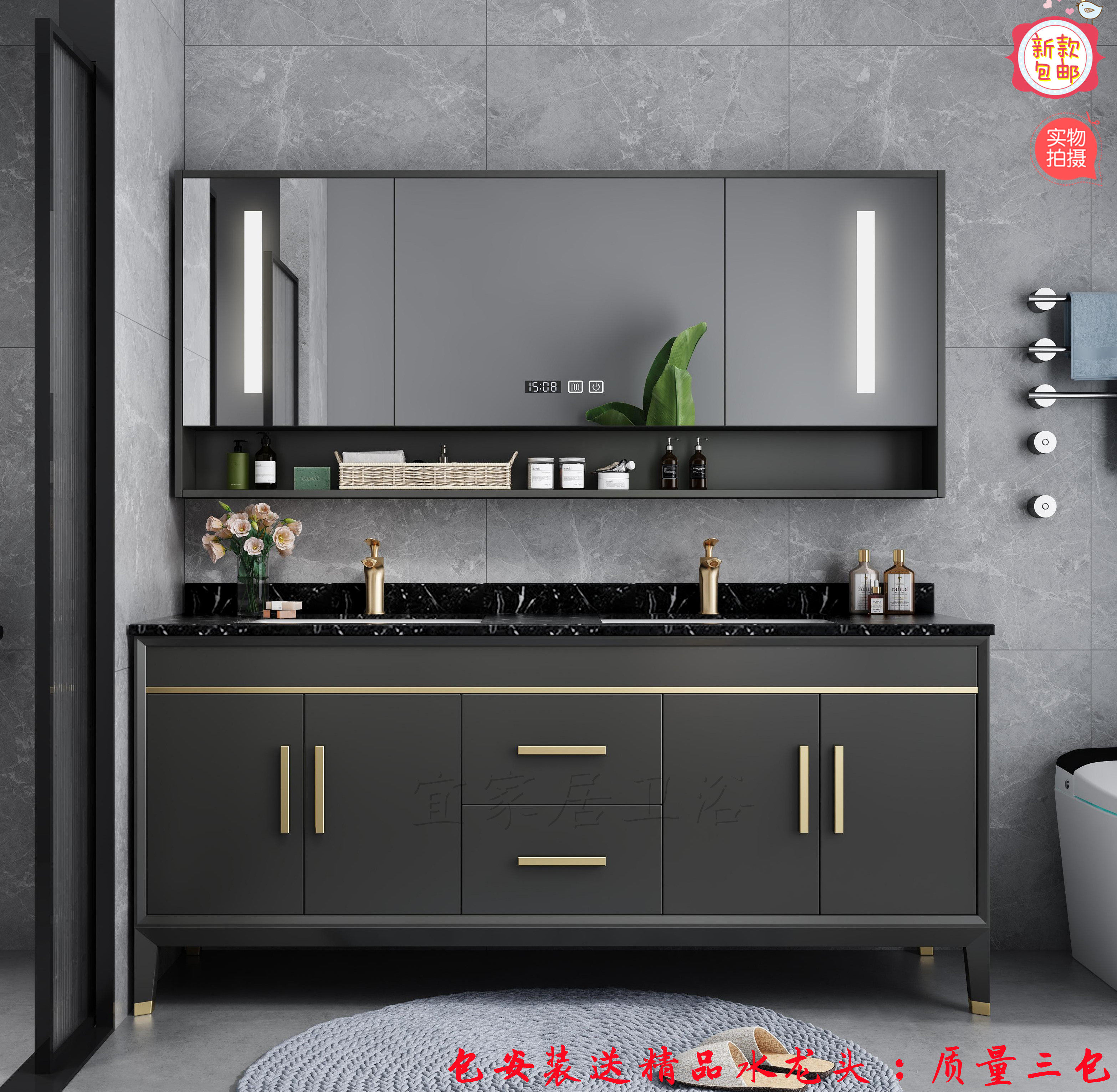 轻奢简约现代北欧落地橡木双盆卫浴室柜组合卫生间美式洗手脸台盆