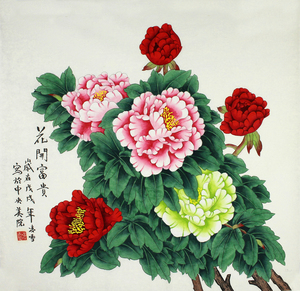 花开富贵国画牡丹花鸟画玄关客厅斗方装饰画凌雪手绘工笔画真迹