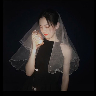 新娘头纱头饰 超仙 森系网红拍照道具复古结婚简约黑色短款抖音女,可