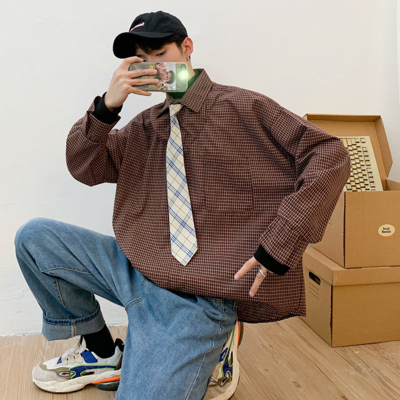 复古港味chic风上衣男_韩国复古港味格子衬衫男宽松港风chic假两件