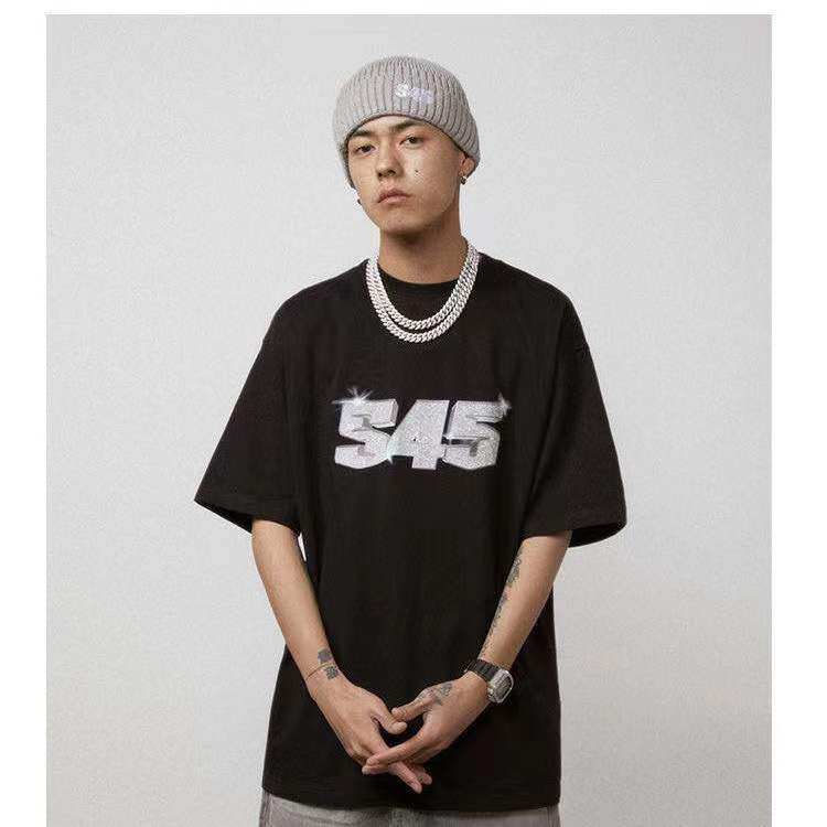 s45(原1807)钻石logo印花纯棉短袖潮牌圆领t恤休闲宽松上衣男女
