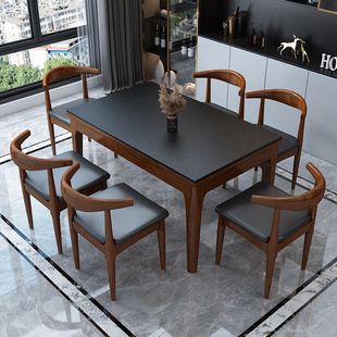 新品火烧石餐桌椅组合现代简约长方形实木吃饭桌子岩板歺桌家用小