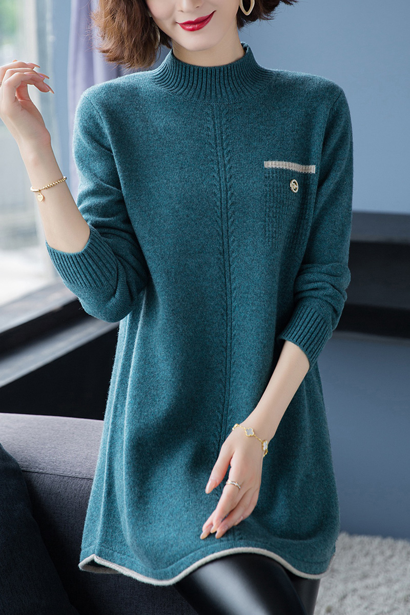 100纯羊毛衫女中长款半高领打底衫宽松大码加厚针织衫毛衣裙秋冬