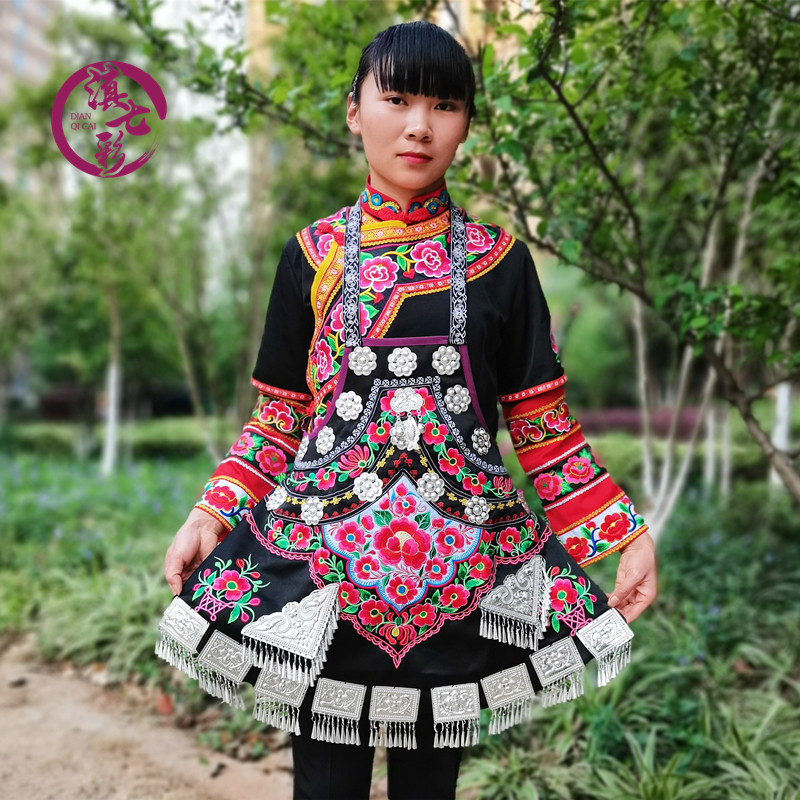 diy彝族绣花围腰峨山女装花围腰宝蓝色刺绣围腰头腰带民族配饰