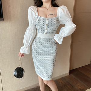 Long sleeve knit panel slim wrap hip skirt