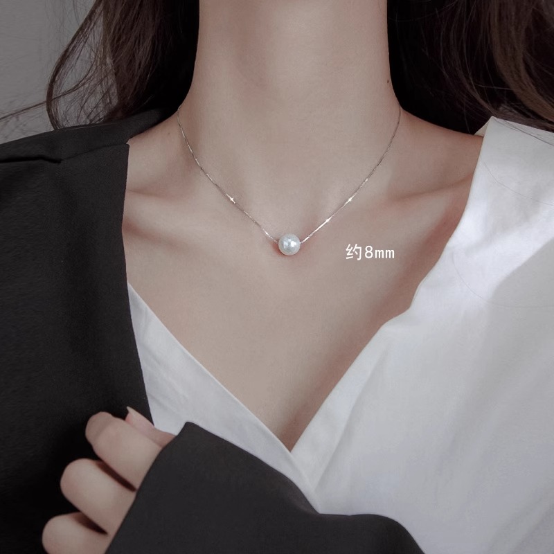 S925纯银单颗珍珠项链女生轻奢小众锁骨链简约气质韩版送女友礼物