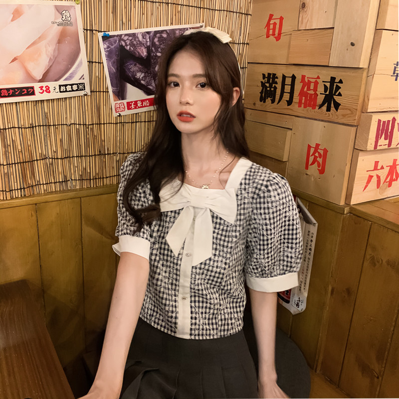 实价实拍 2021夏装法式复古甜美蝴蝶结百搭短款格子衬衫女上衣