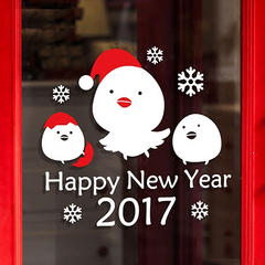 圣诞节2017新年元旦墙贴双面玻璃橱窗贴金鸡帽年窗花圣诞雪花贴纸