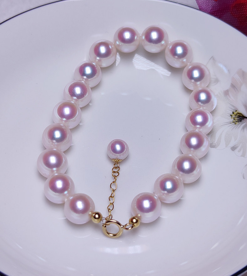 热销珍珠手链玫瑰金_天然海水日本akoya珍珠手链18k黄金手镯极光天女