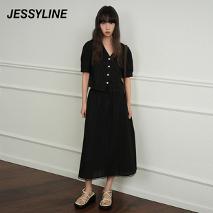 jessyline2024夏季专柜新款 杰茜莱黑色衬衫半身裙套装 425216598