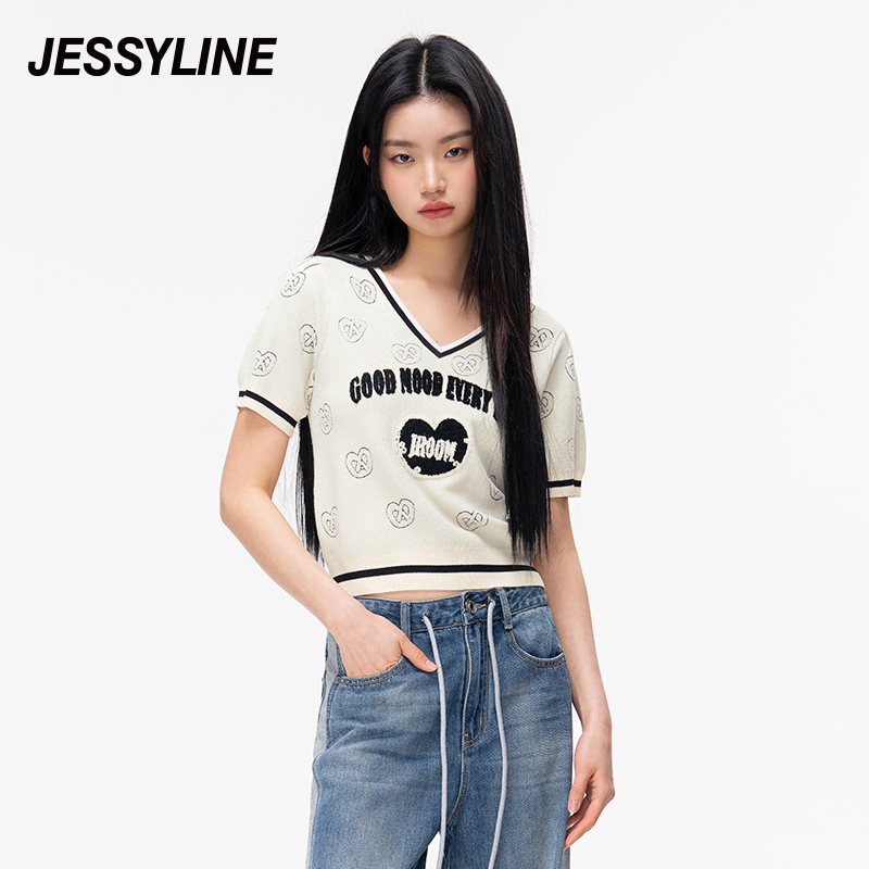 杰茜莱v领百搭短薄款高级感针织衫女2024春夏新款上衣 jessyline