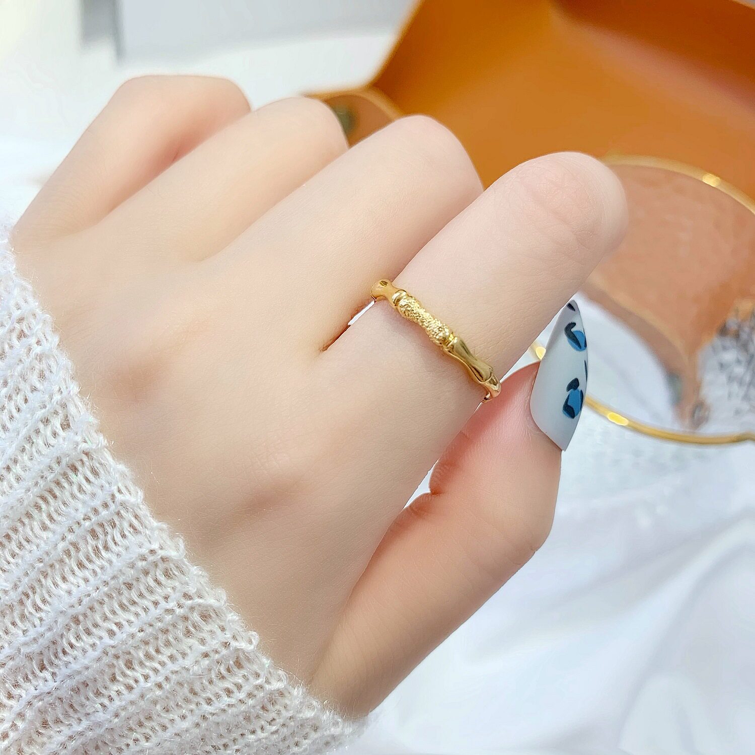 正品黄金戒指999足金节节高素圈女款时尚开口尾戒24k纯金实心指环