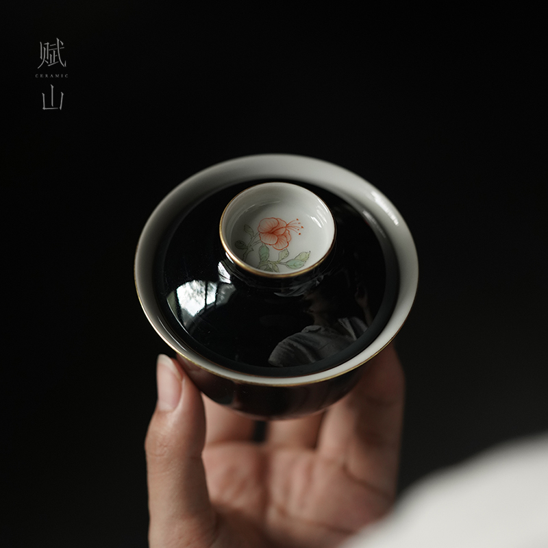 【赋山堂官方】黛墨秋葵盖碗手绘中式泡茶碗手工不烫手陶瓷茶具杯