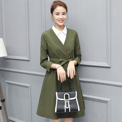 2016春秋新款韩版修身显瘦两件套风衣女中长款气质九分袖收腰外套