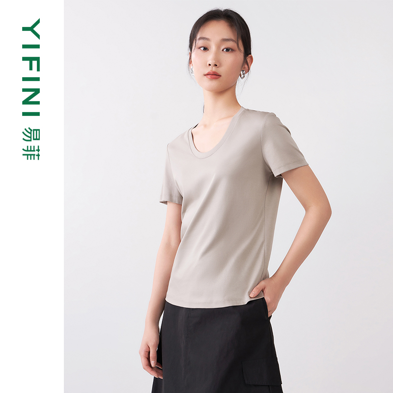 Yifini/易菲U型领短袖桑蚕丝上衣女宽松显瘦棉质纯色T恤夏装新款