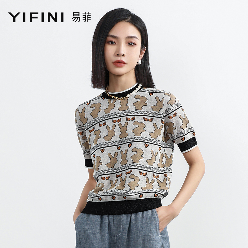 Yifini/易菲宽松圆领短袖条纹针织衫女夏装新款休闲印花上衣