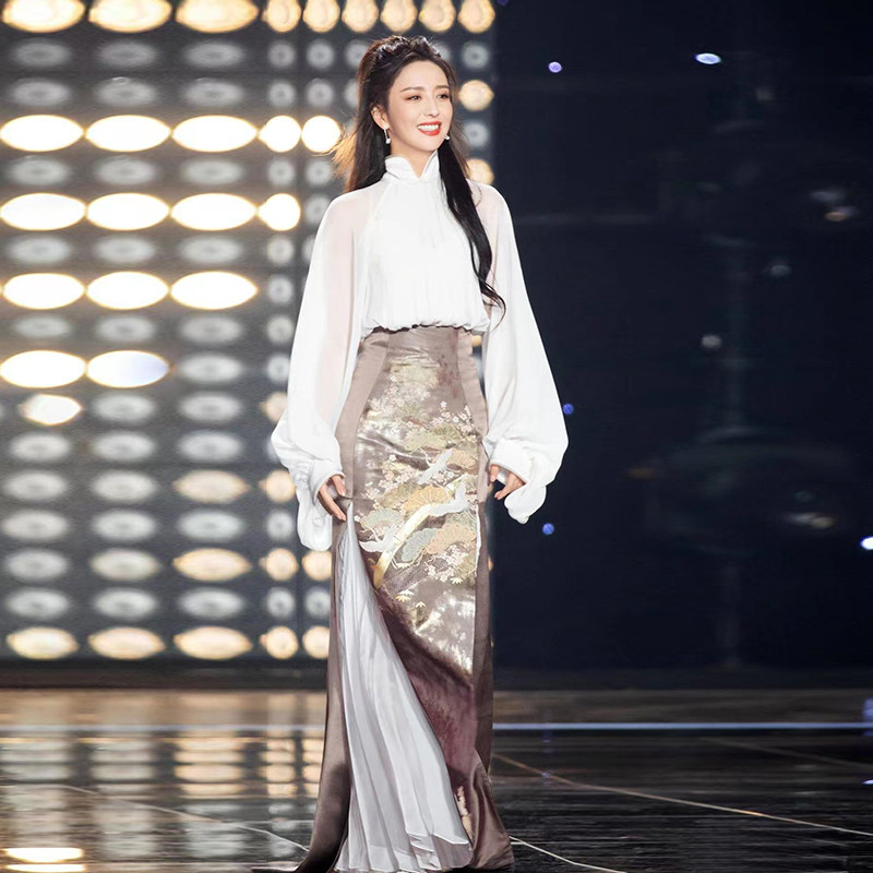 欧洲站2022年春季明星佟丽娅同款中国风旗袍式仙气国潮印花两件套