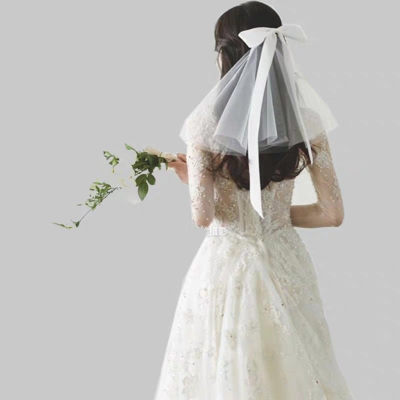白色蝴蝶结头纱头饰森系网红拍照道具新娘结婚领证登记双层头纱