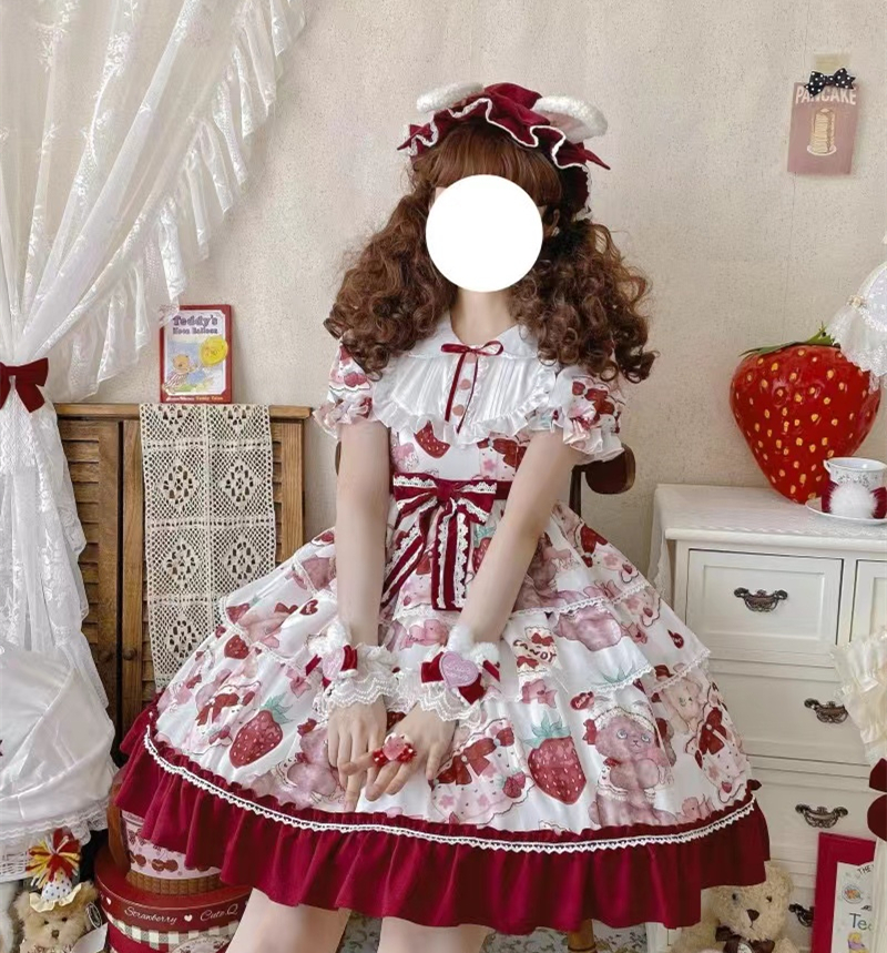 喵之原创草莓甜甜lolita连衣裙op三段可爱少女甜妹蛋糕裙圣诞新年