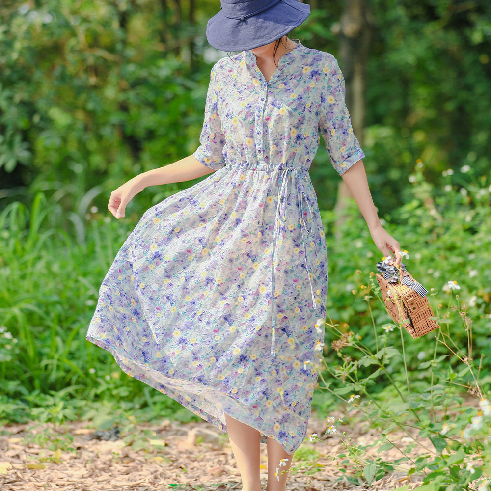 纯苎麻连衣裙2021春夏款复古气质淡雅中袖宽松抽绳收腰长款碎花裙