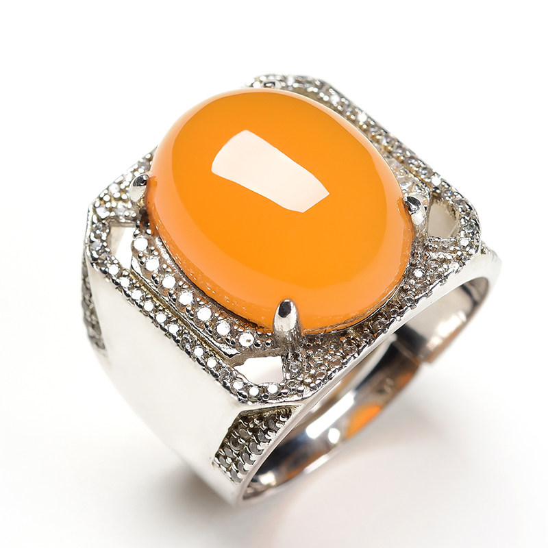 3mm天然橘黄黄龙玉s925银镶嵌蛋面戒指玉戒指11.99g