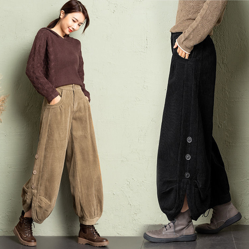 灯芯绒阔腿裤女加绒高腰九分裤春秋冬新款宽松大码显瘦遮肉灯笼裤