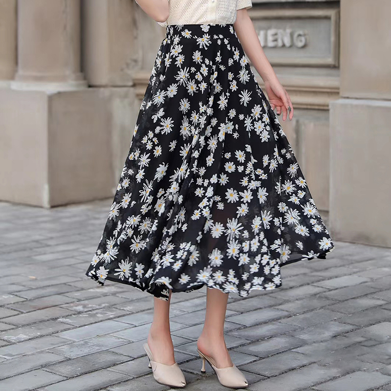 时尚雏菊碎花半裙夏季雪纺半身裙女新款高腰裙子显瘦半身长裙