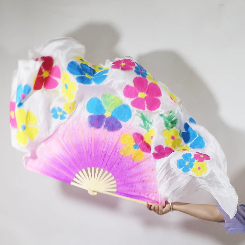 妈妈的花裙摆真丝扇子舞蹈扇儿童长扇子花朵扇子订做运动会开幕式