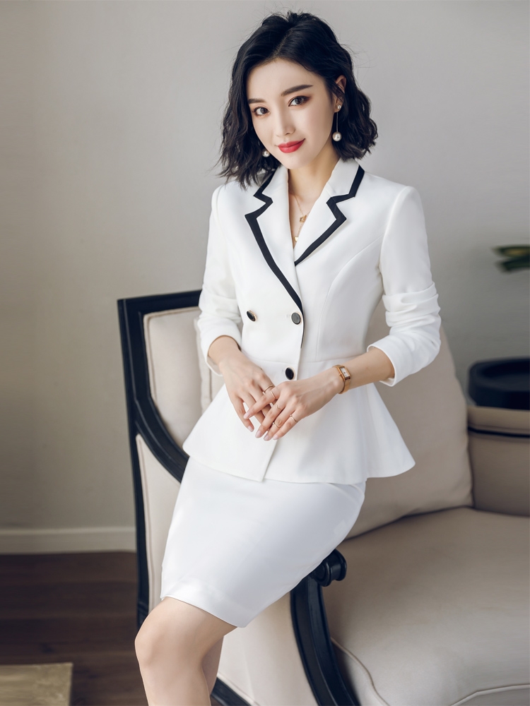 艾尚臣时尚白色气质名媛西服复古双排扣西装套裙女士ol职业装套装