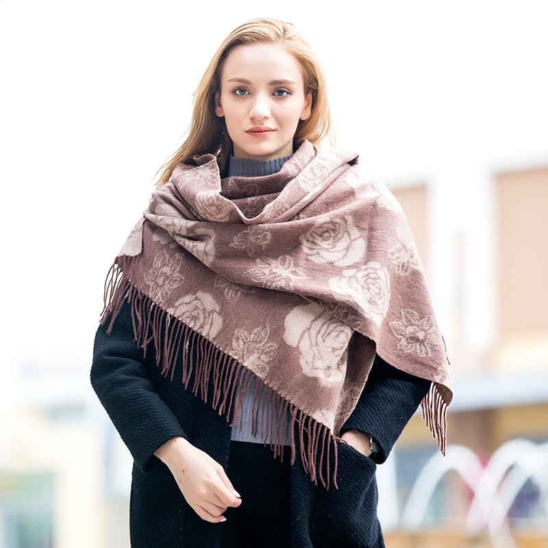 恒源祥羊毛大披肩女士围巾秋冬季新款双面提花韩版加厚保暖围脖
