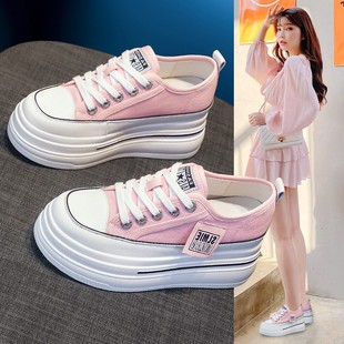 GG。香港粉色帆布鞋女2024年春季新款厚底运动跑步鞋百搭内增高小
