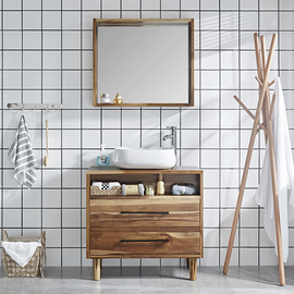北欧风格浴室柜落地柚木实木洗脸盆柜组合现代简约日式卫浴柜定做