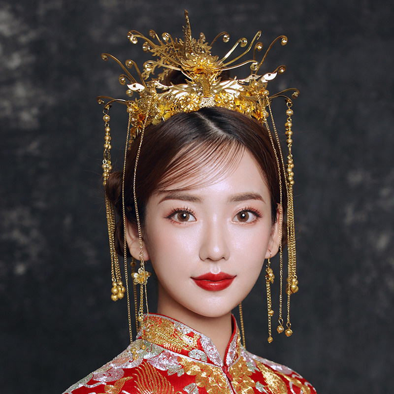 2020新款新娘秀禾头饰中式大气凤冠秀禾服发饰金色流苏步摇结婚女