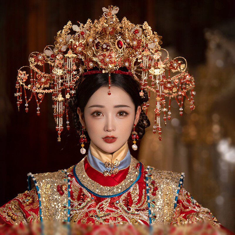 明制秀禾服头饰新娘发饰2022新款凤冠显脸小中式大气结婚奢华霸气