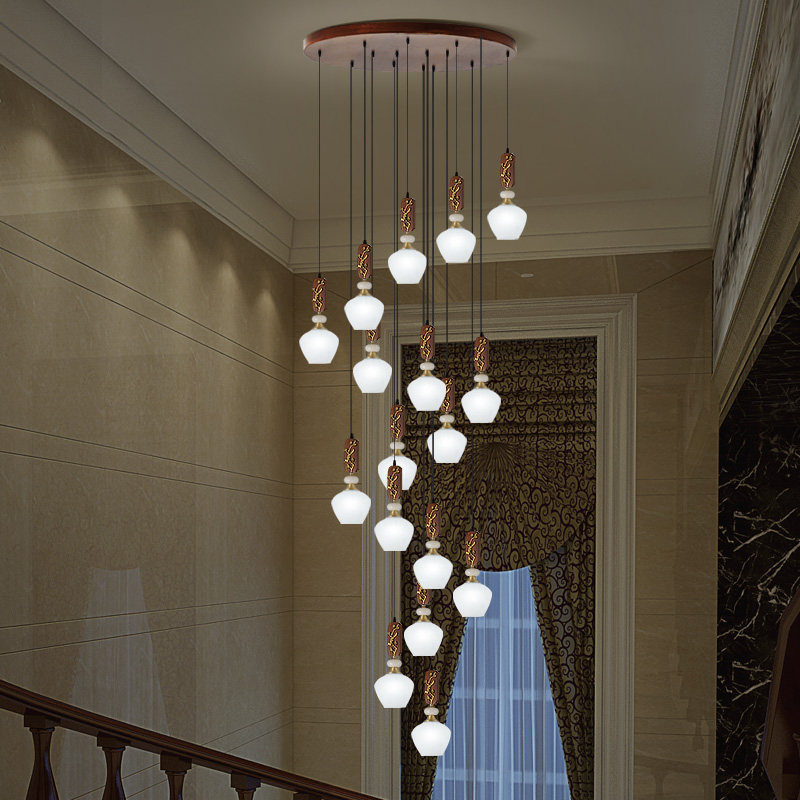 古木坊灯饰的优惠券大全—新中式楼梯长吊灯别墅复式楼阁楼挑高客厅