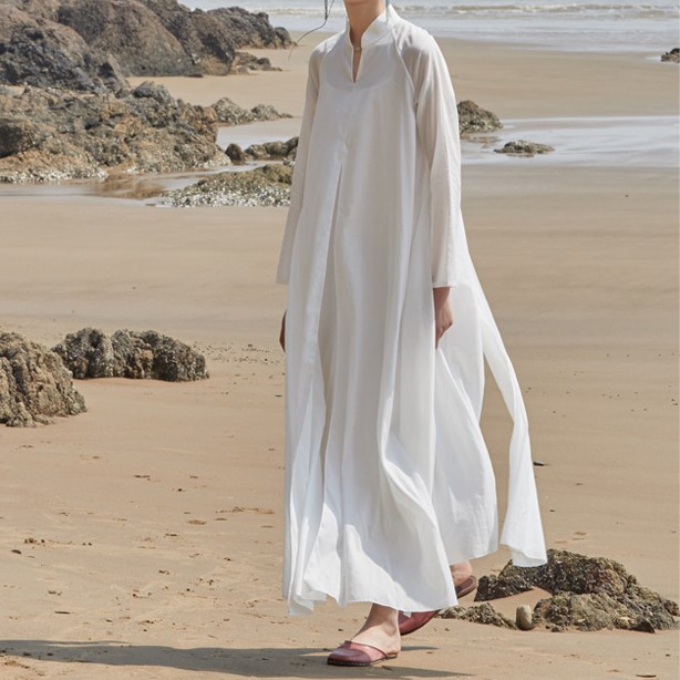 古典飘逸仙气女白色瑜伽服冥想宽松纯棉连衣裙长袖禅意长袍禅修服