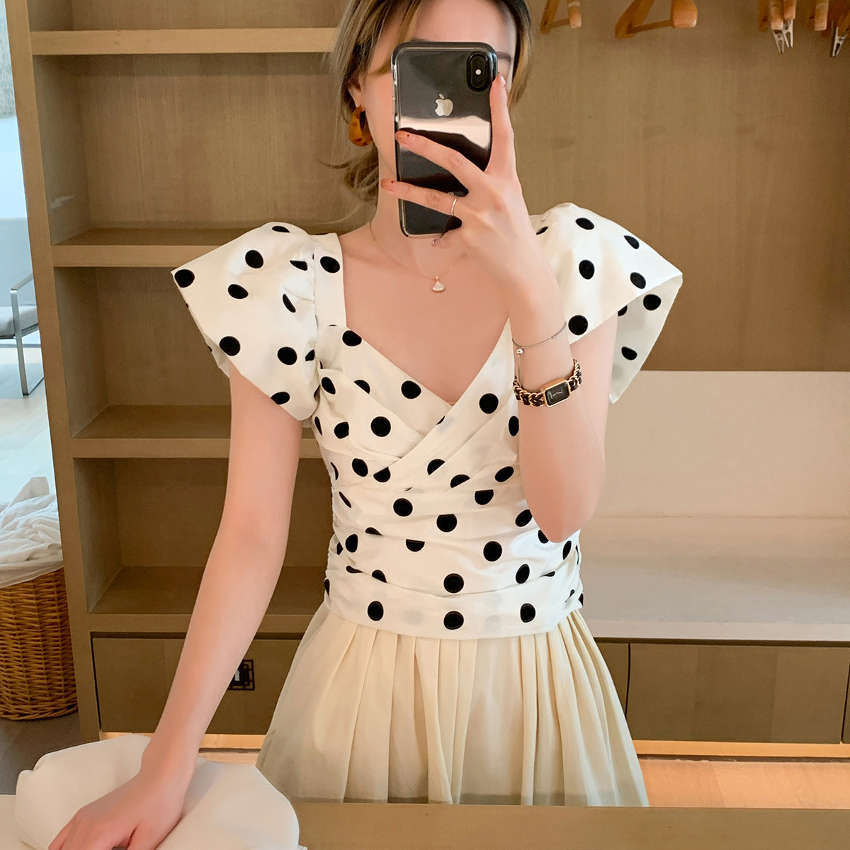 黑白波点上衣女夏