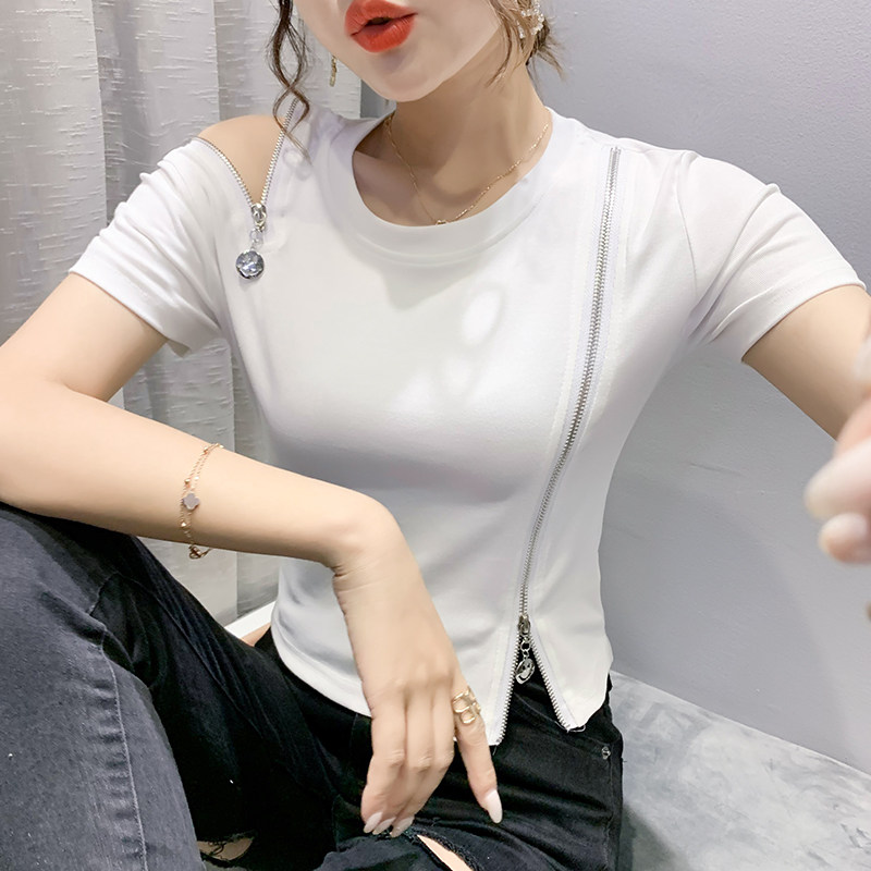 2021春夏新款韩版修身拉链设计感时尚个性不规则打底衫