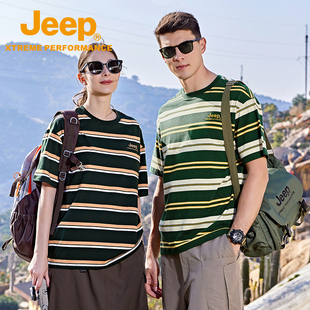 Jeep吉普纯棉情侣POLO衫夏季新款宽松休闲短袖男女透气条纹T恤