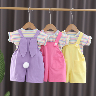 女宝宝夏装洋气背带儿童衣服夏天婴儿童装1-5岁女童夏季短袖套装3
