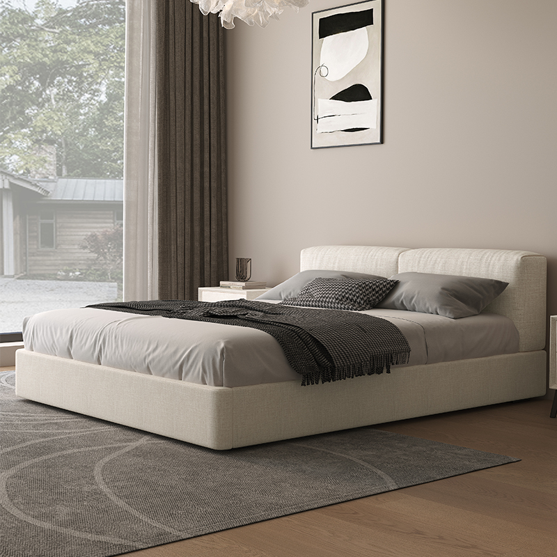 意式极简主卧落地矮床轻奢奶油棉麻布艺床现代简约侘寂风箱体大床