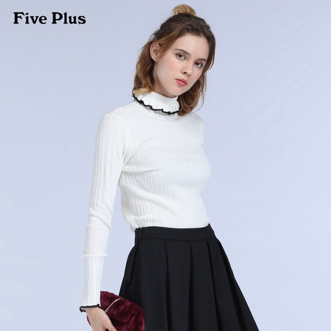 Five Plus新女秋装荷叶边修身高领长袖套头毛衣打底衫2HF4030450