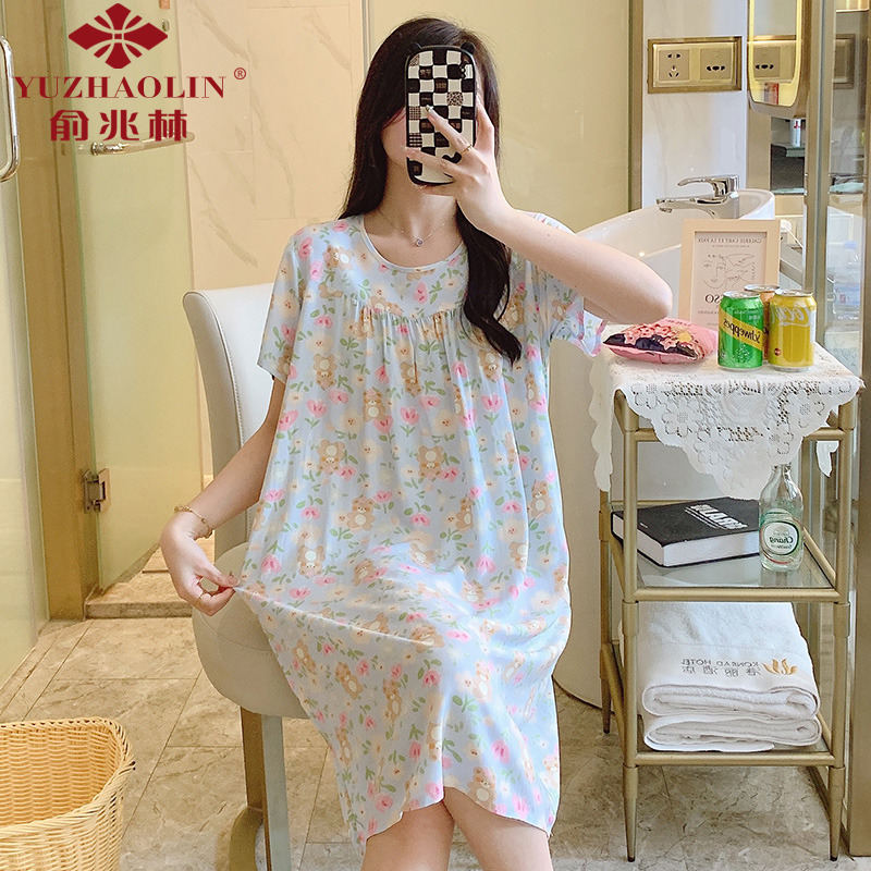俞兆林睡裙女夏季短袖棉绸甜美人造棉