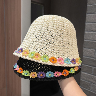 小清新花朵针织渔夫帽子女夏薄款出游可折叠遮阳帽素颜遮脸水桶帽