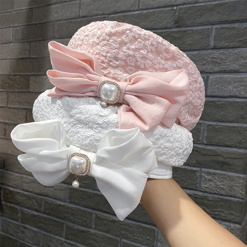 帽子女士原创设计洋气珍珠蝴蝶结贝雷