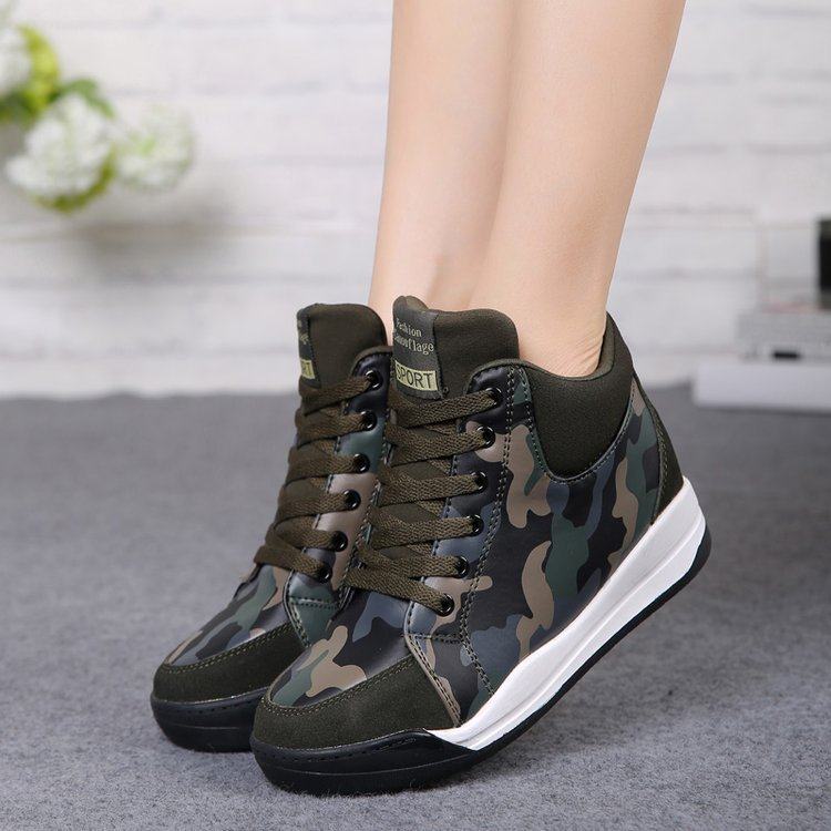 秋冬军迷鞋休闲运动鞋女迷彩内增高鞋真皮军绿色高帮鞋军装潮女鞋