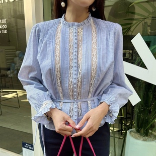 韩国东大门2024新款法式复古蓝白条纹蕾丝系带收腰长袖衬衫女上衣