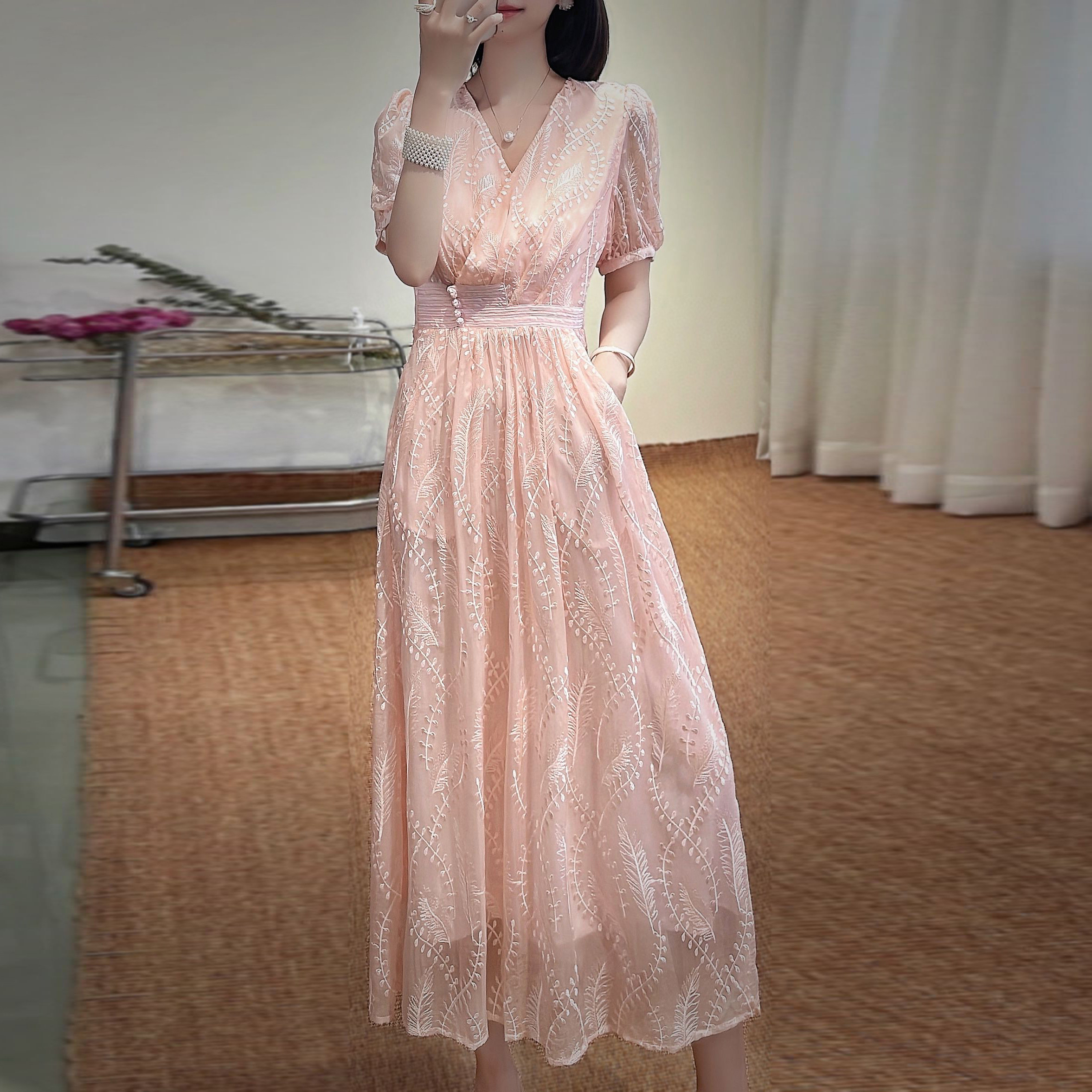 zizm法式甜美连衣裙夏款高级感真丝绣花收腰小清新仙气中长款裙子