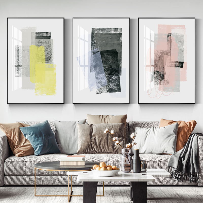 现代简约抽象客厅装饰画沙发背景墙三联挂画轻奢小众撞色艺术壁画