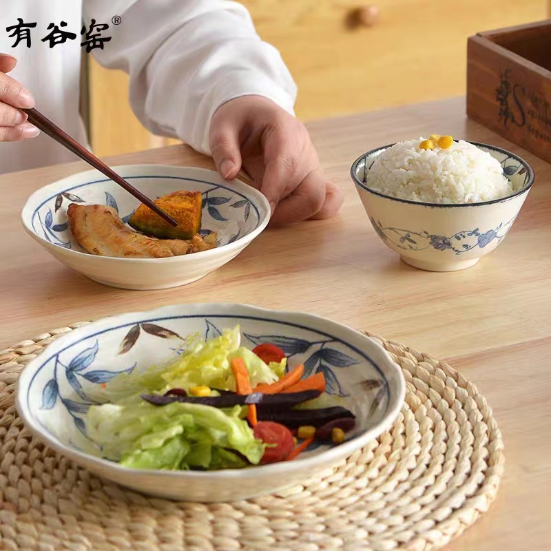 日本进口有谷窑蓝染金石榴餐具面碗深盘钵陶瓷釉下彩米饭碗日式